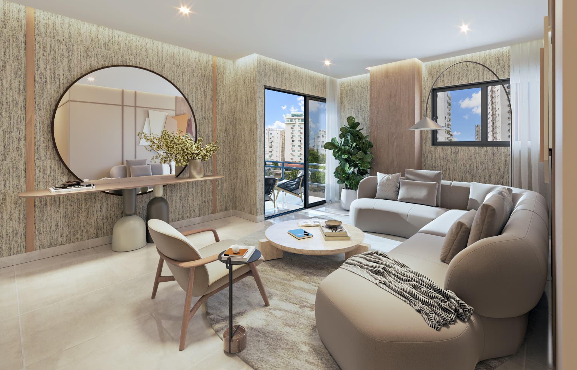 Sala. Apartamento de 3 habitaciones: sofá seccional, mesa de centro y balcón con vista a la ciudad.