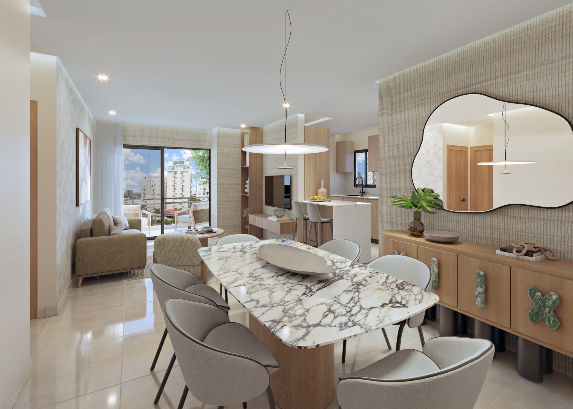 Apartamento de 2 habitaciones. Sala y comedor integrados, cocina abierta y balcón.