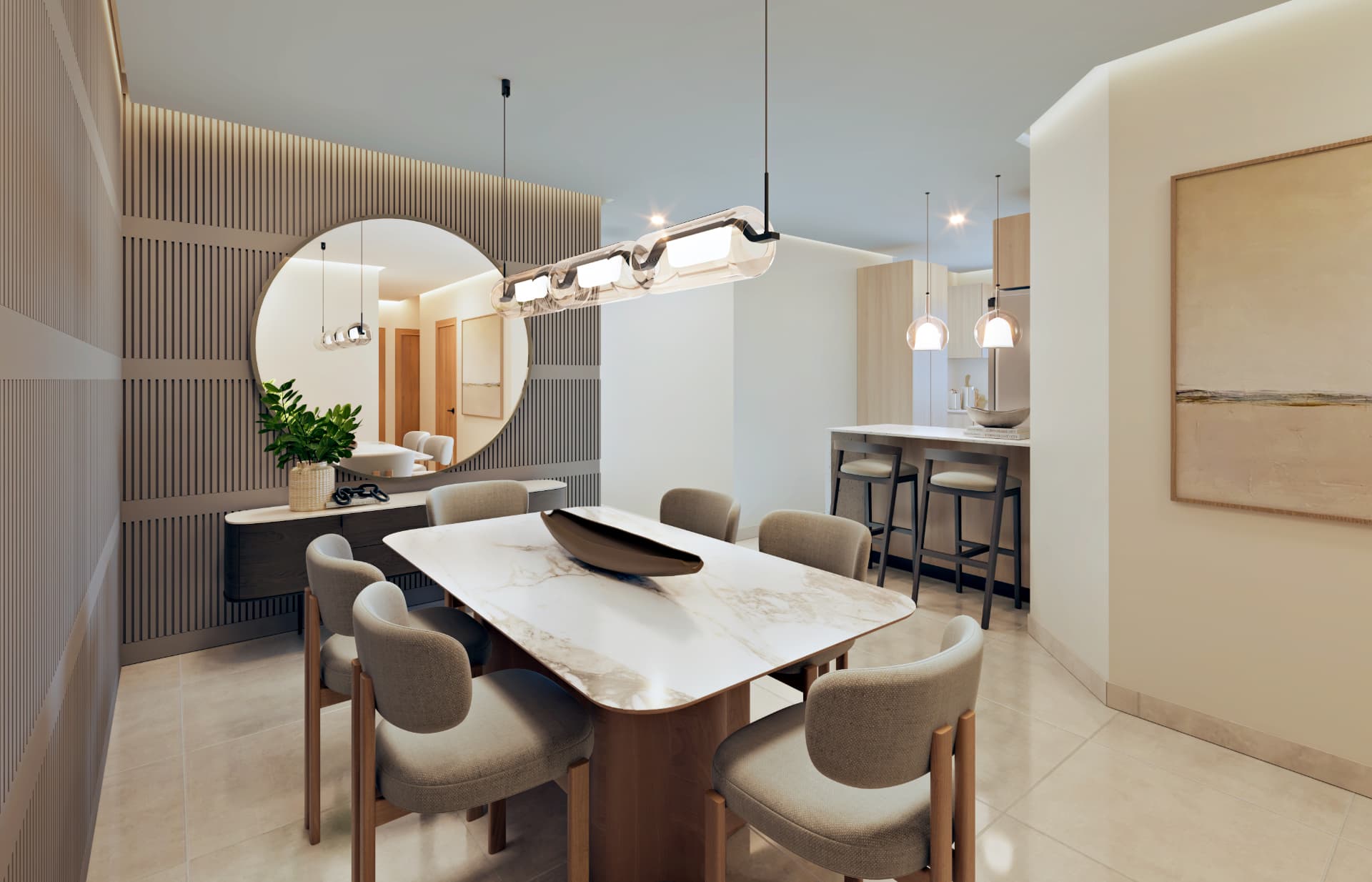 Comedor. Apartamento de 3 habitaciones: mesa de comedor, espejo de diseño y barra con taburetes.
