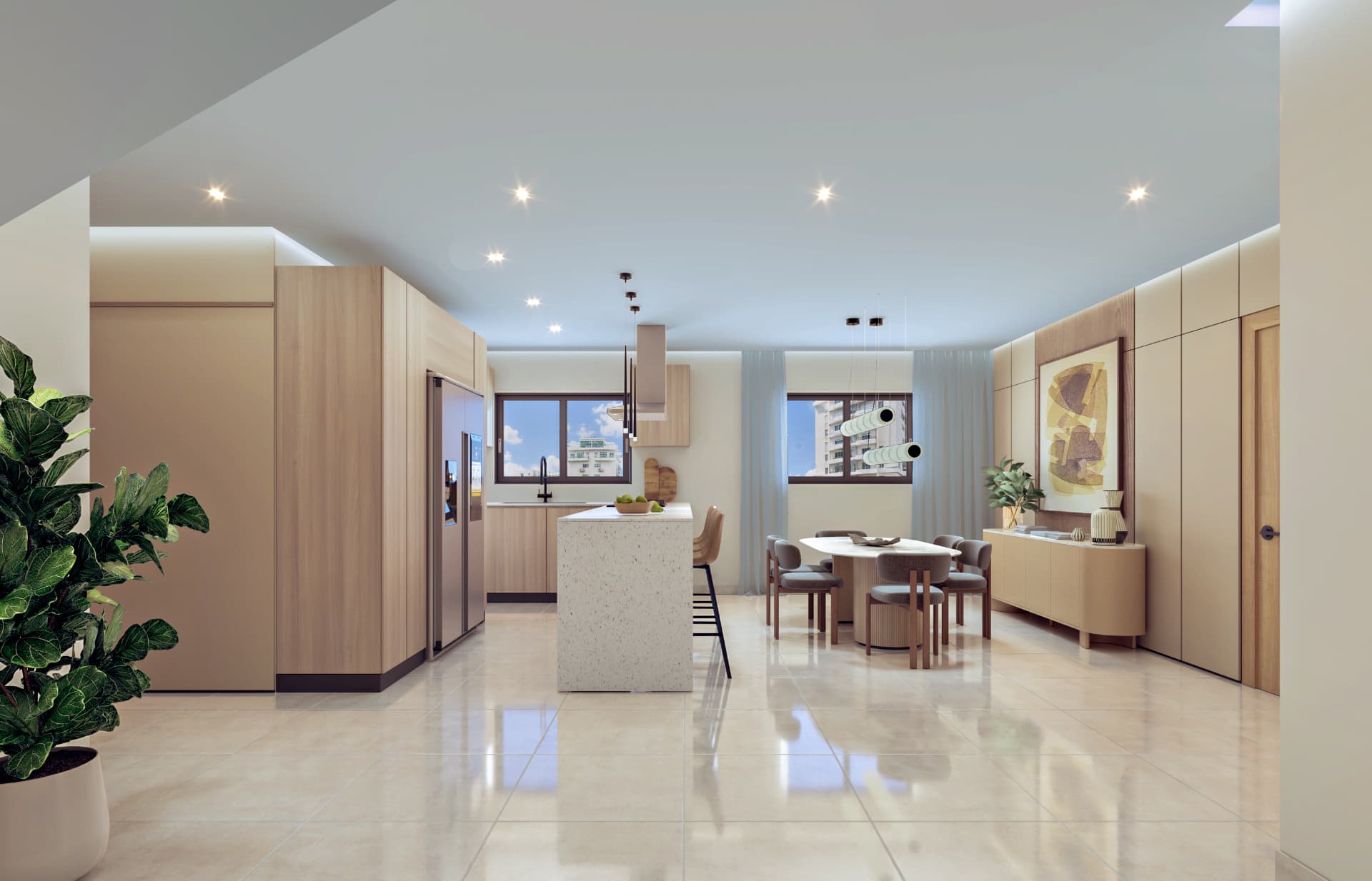 Cocina y comedor. Cocina modular con isla central, gabinetes en madera clara y mesa comedor abierta a la luz natural.